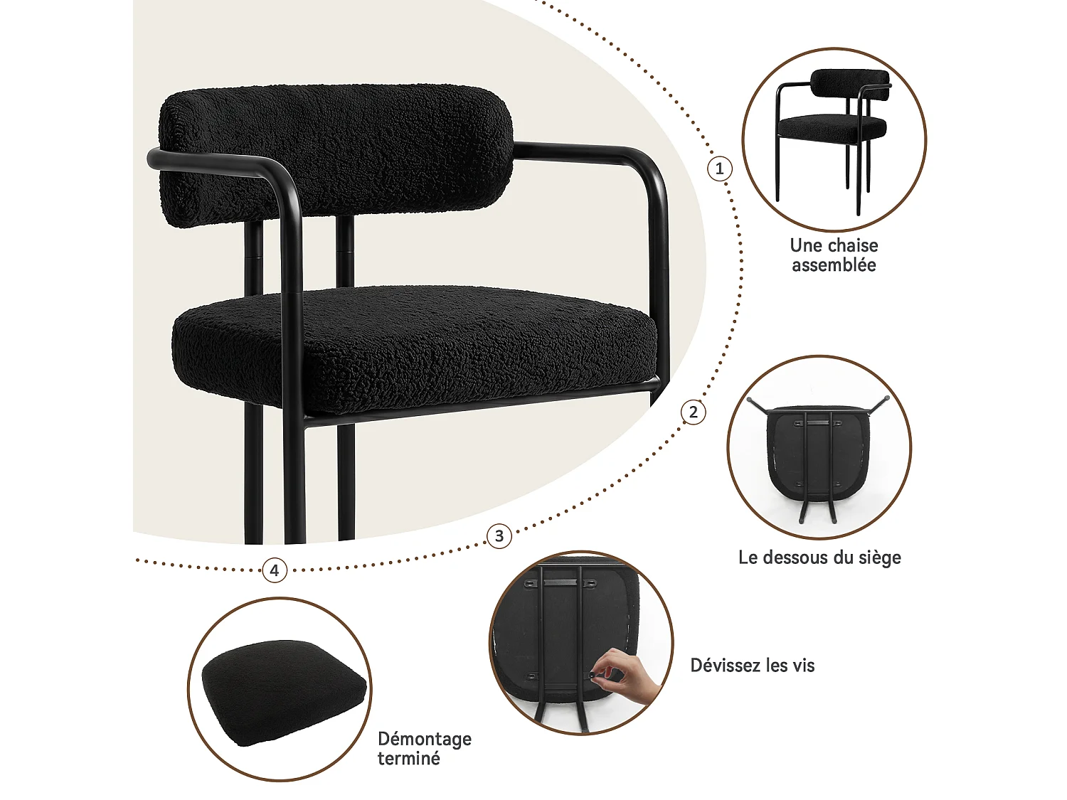 Chaise de salle à manger - Puluomis - Tissu Teddy avec accoudoirs, cadre en fer, patins réglables en hauteur - Noir