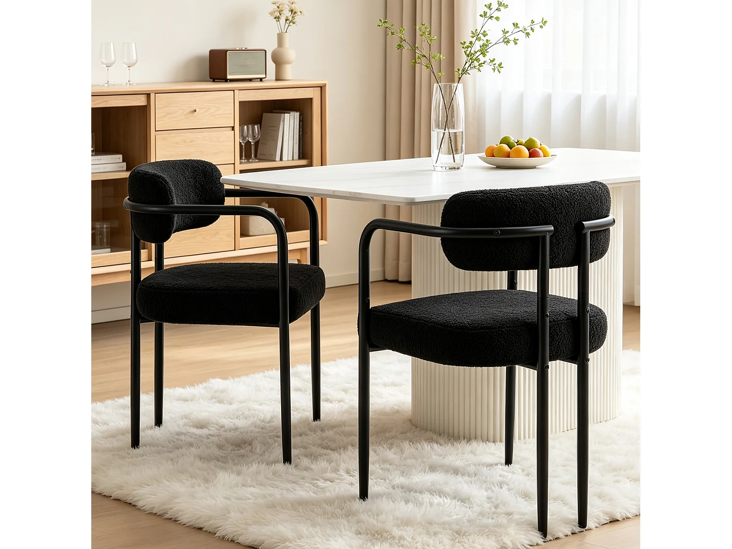 Chaise de salle à manger - Puluomis - Tissu Teddy avec accoudoirs, cadre en fer, patins réglables en hauteur - Noir