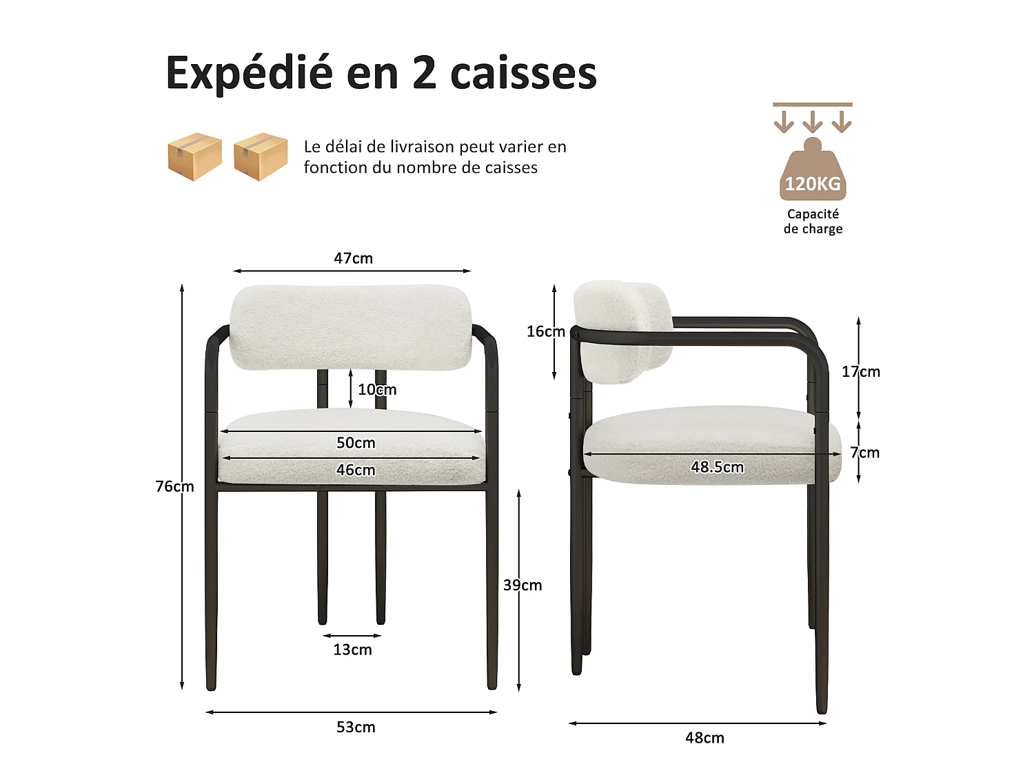 Chaise de salle à manger - Puluomis - Tissu Teddy avec accoudoirs, cadre en fer, patins réglables en hauteur - Blanc