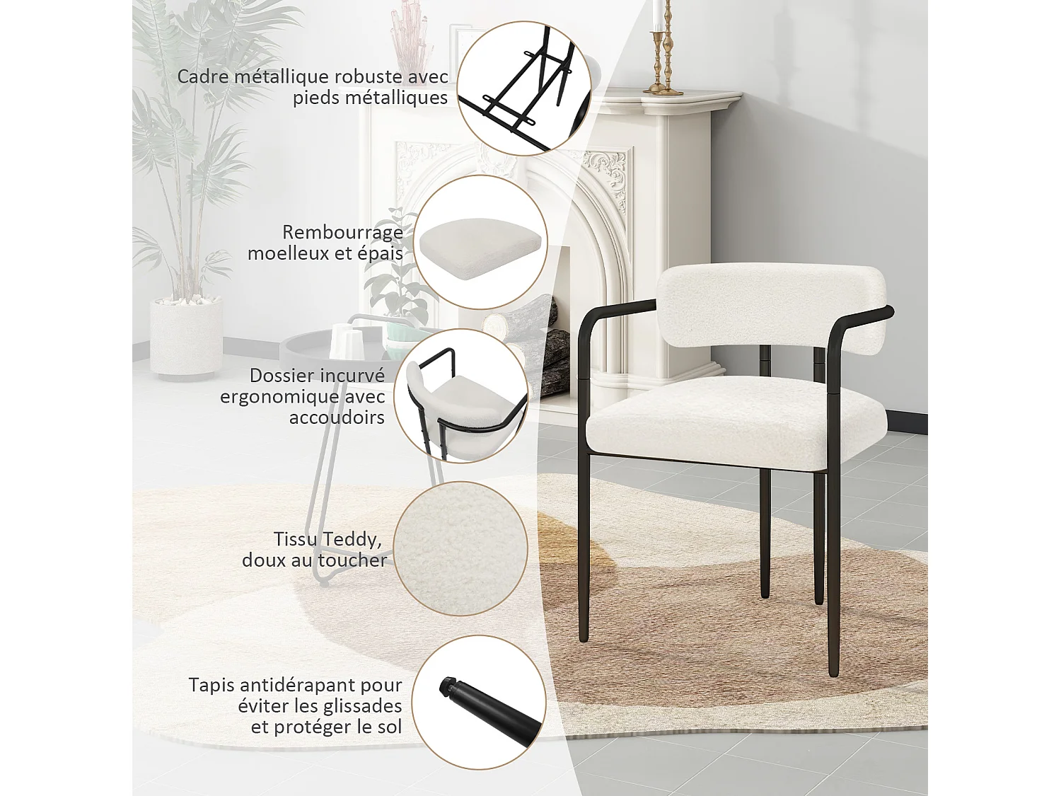 Chaise de salle à manger - Puluomis - Tissu Teddy avec accoudoirs, cadre en fer, patins réglables en hauteur - Blanc