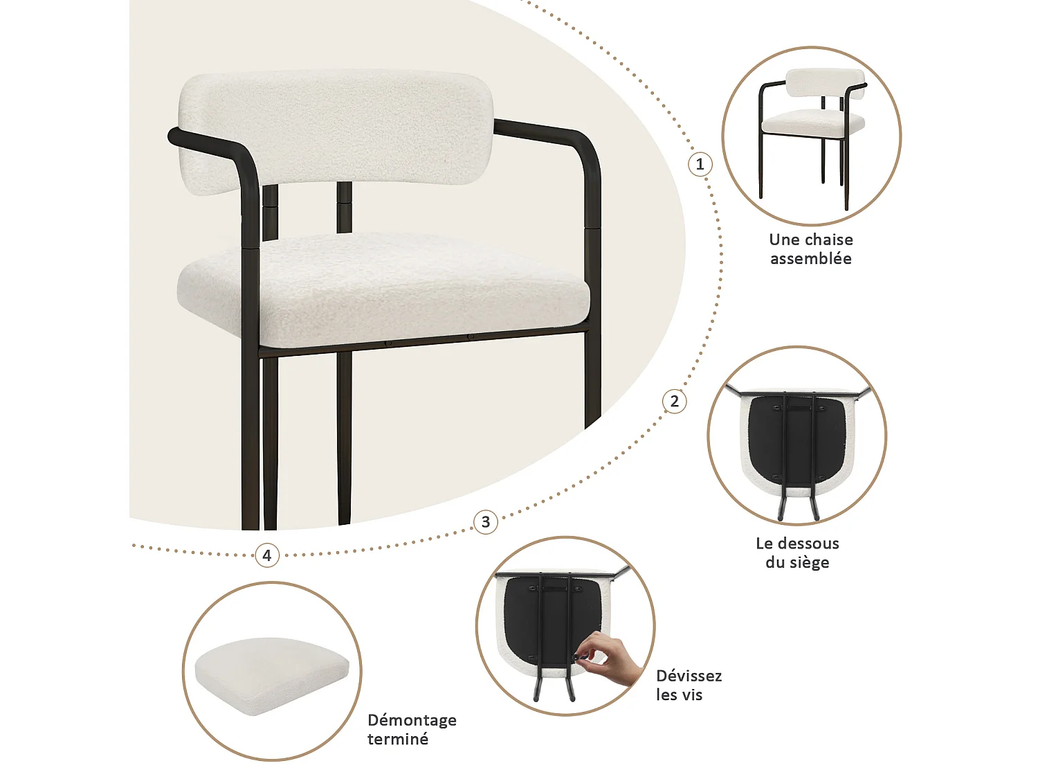 Chaise de salle à manger - Puluomis - Tissu Teddy avec accoudoirs, cadre en fer, patins réglables en hauteur - Blanc
