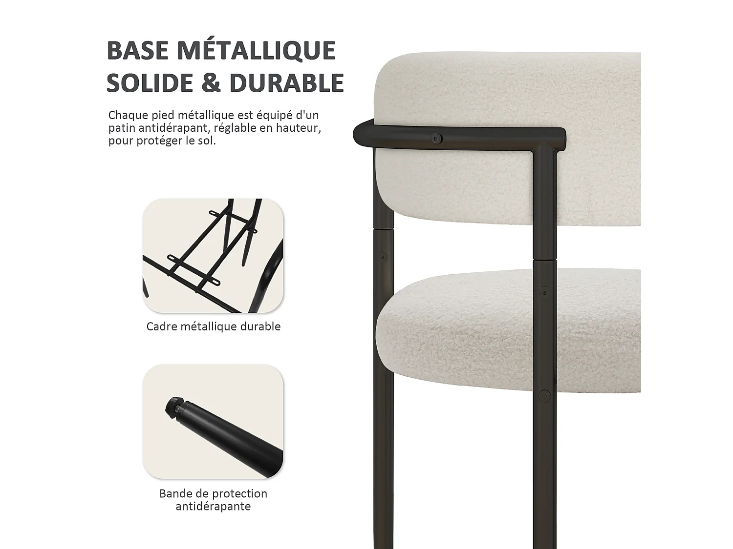 Chaise de salle à manger - Puluomis - Tissu Teddy avec accoudoirs, cadre en fer, patins réglables en hauteur - Blanc