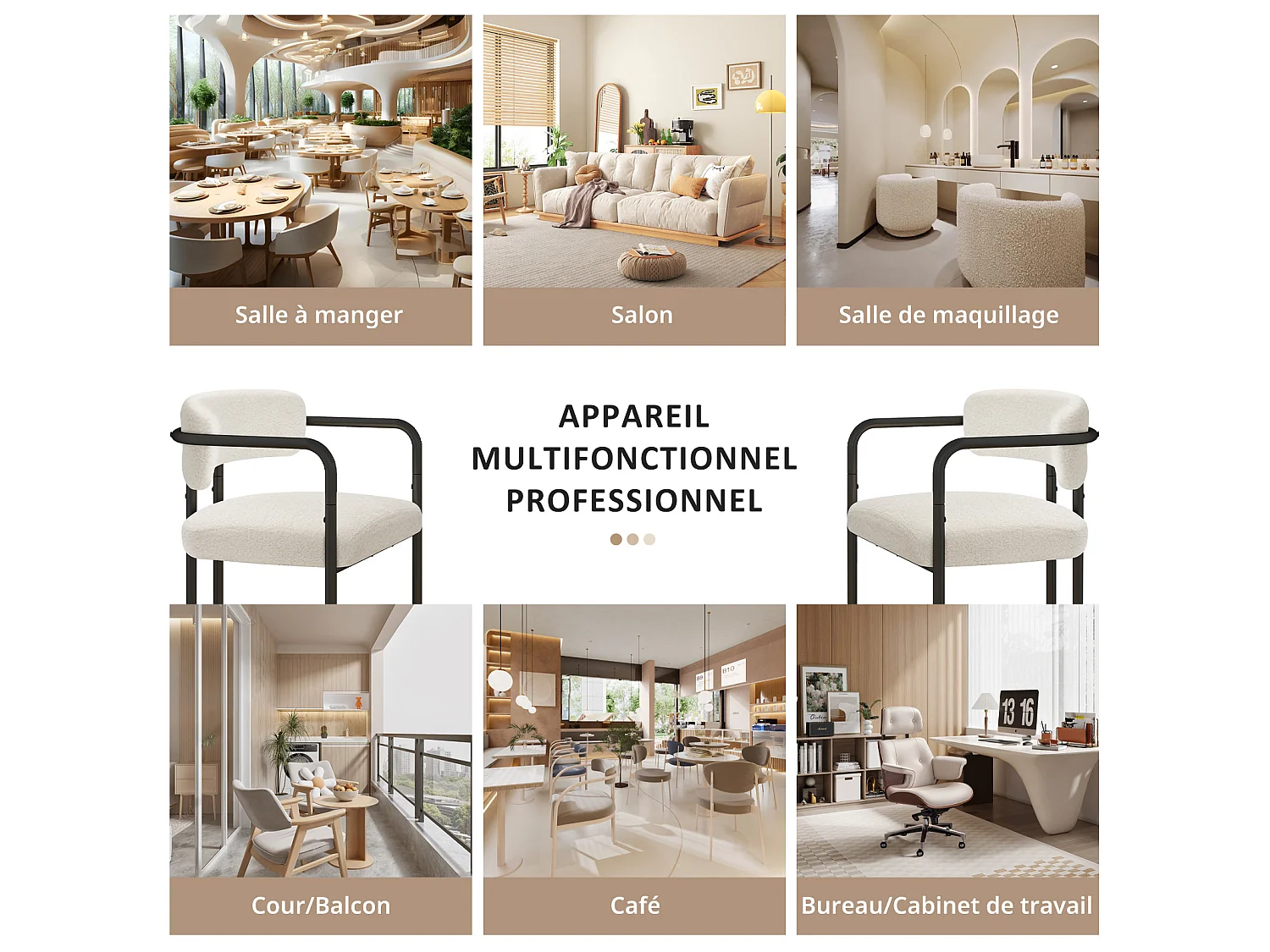 Chaise de salle à manger - Puluomis - Tissu Teddy avec accoudoirs, cadre en fer, patins réglables en hauteur - Blanc