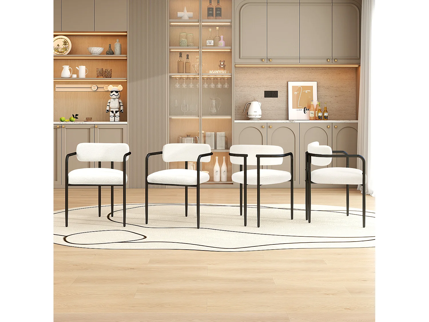 Chaise de salle à manger - Puluomis - Tissu Teddy avec accoudoirs, cadre en fer, patins réglables en hauteur - Blanc