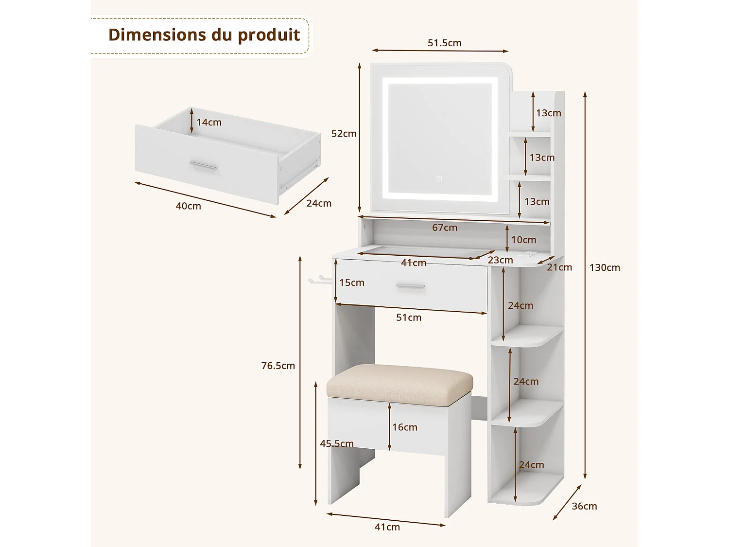 Coiffeuse maquillage - Puluomis - Miroir à LED 3 températures de lumière, multiprise intégrée, support sèche‑cheveux, plateau verre trempé, tabouret avec rangement