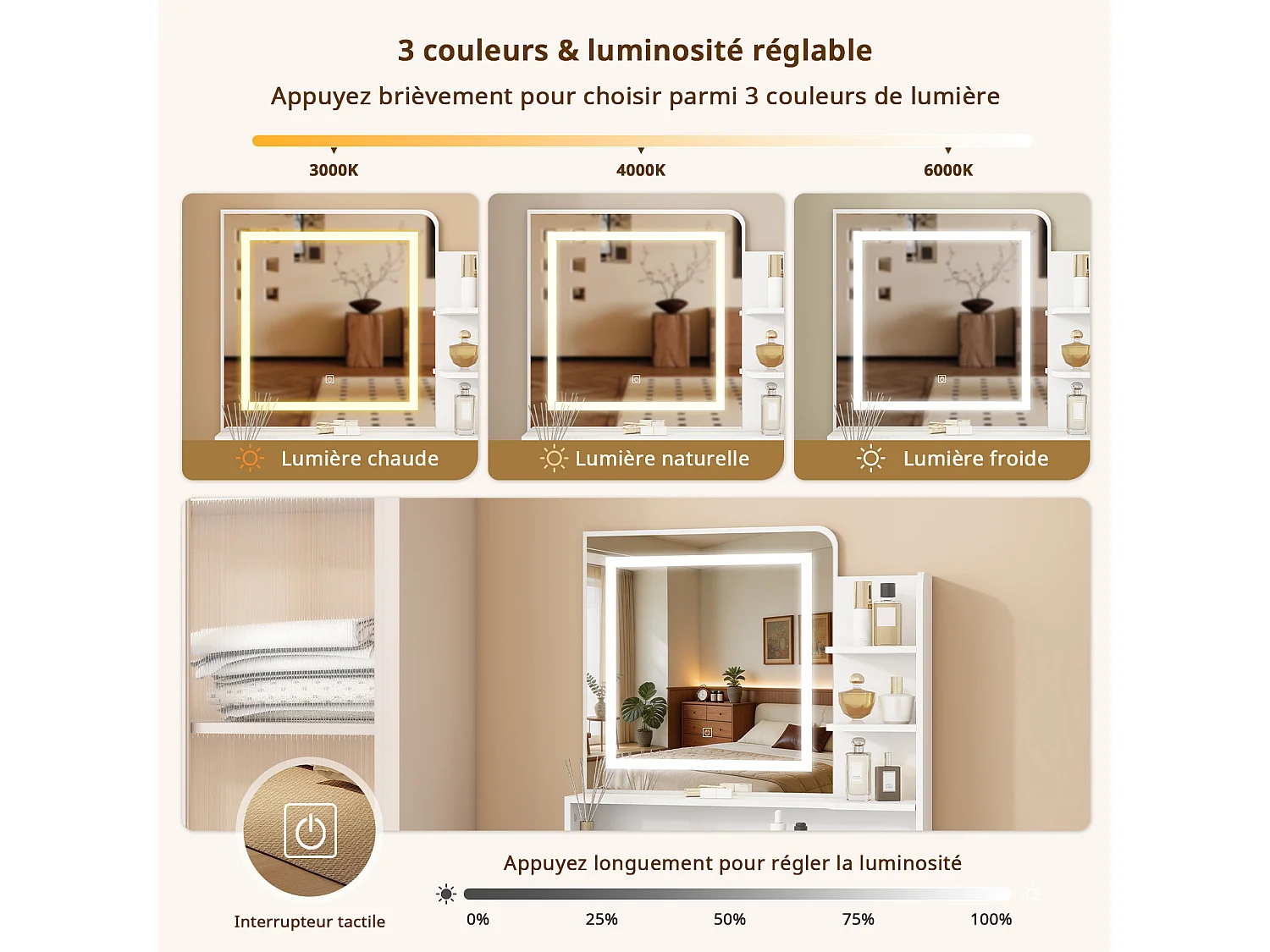 Coiffeuse maquillage - Puluomis - Miroir à LED 3 températures de lumière, multiprise intégrée, support sèche‑cheveux, plateau verre trempé, tabouret avec rangement