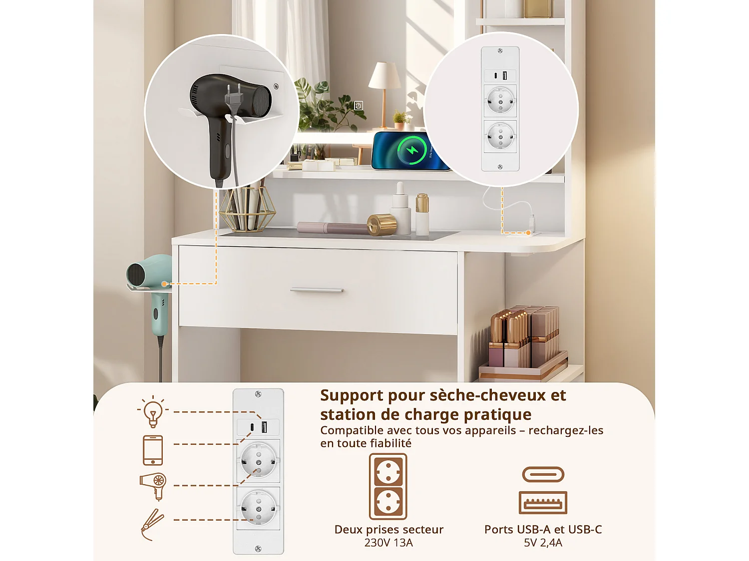 Coiffeuse maquillage - Puluomis - Miroir à LED 3 températures de lumière, multiprise intégrée, support sèche‑cheveux, plateau verre trempé, tabouret avec rangement