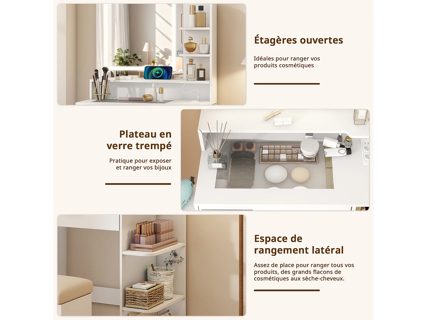 Coiffeuse maquillage - Puluomis - Miroir à LED 3 températures de lumière, multiprise intégrée, support sèche‑cheveux, plateau verre trempé, tabouret avec rangement
