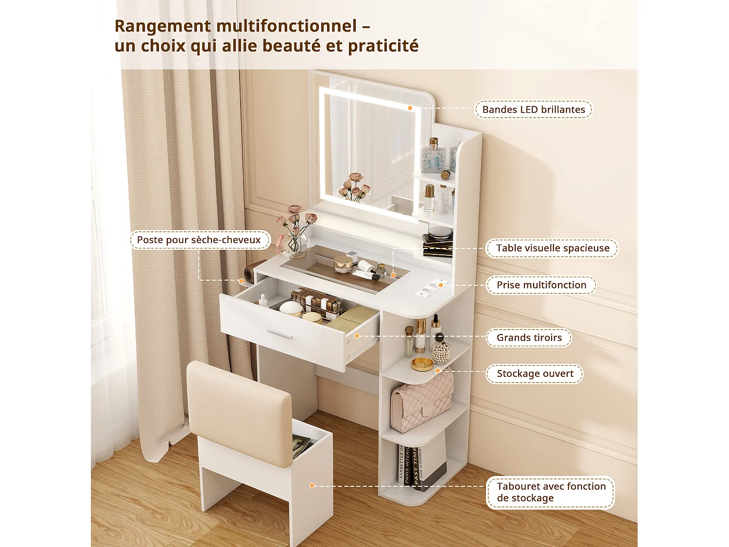 Coiffeuse maquillage - Puluomis - Miroir à LED 3 températures de lumière, multiprise intégrée, support sèche‑cheveux, plateau verre trempé, tabouret avec rangement