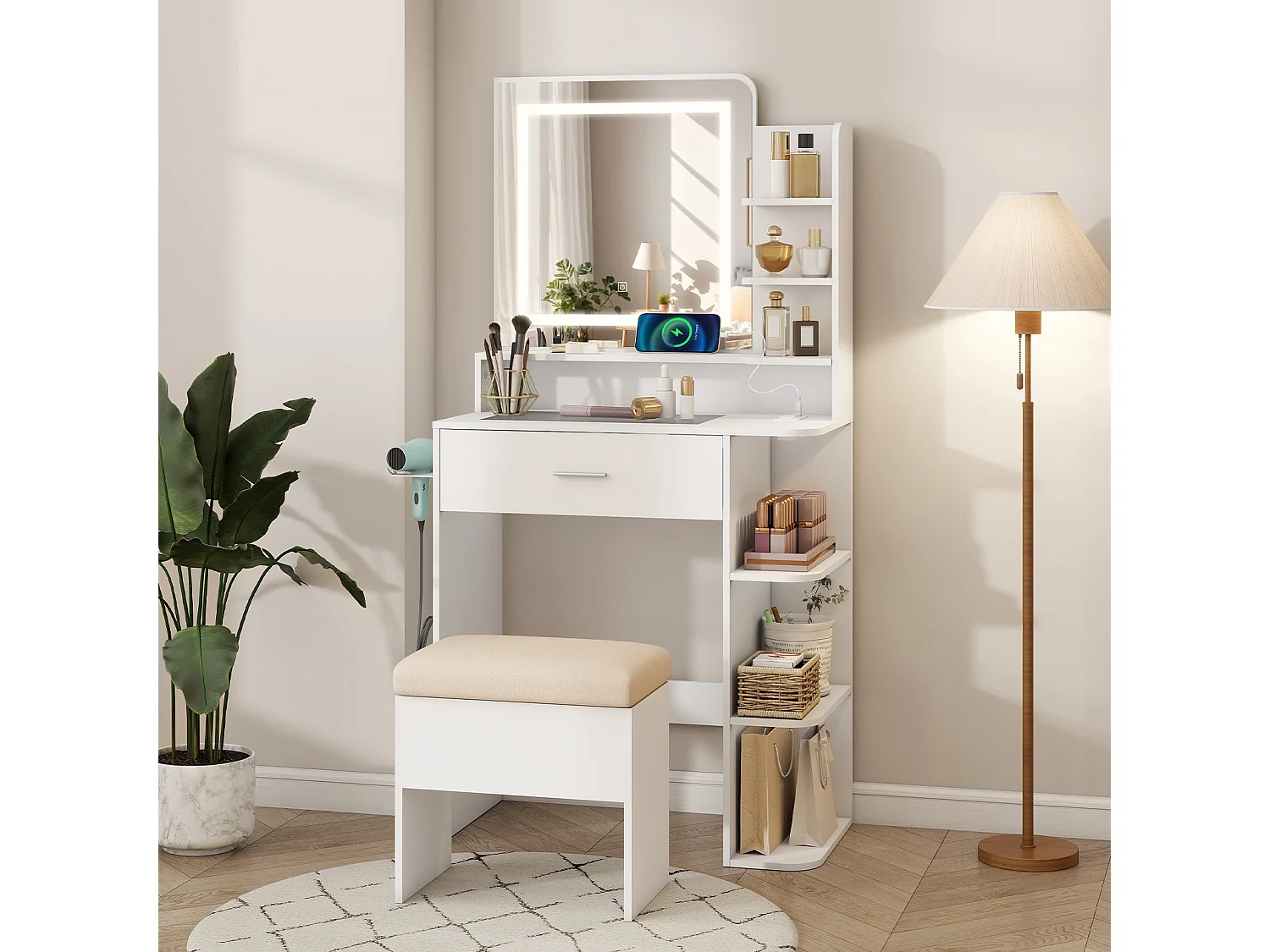 Coiffeuse maquillage - Puluomis - Miroir à LED 3 températures de lumière, multiprise intégrée, support sèche‑cheveux, plateau verre trempé, tabouret avec rangement