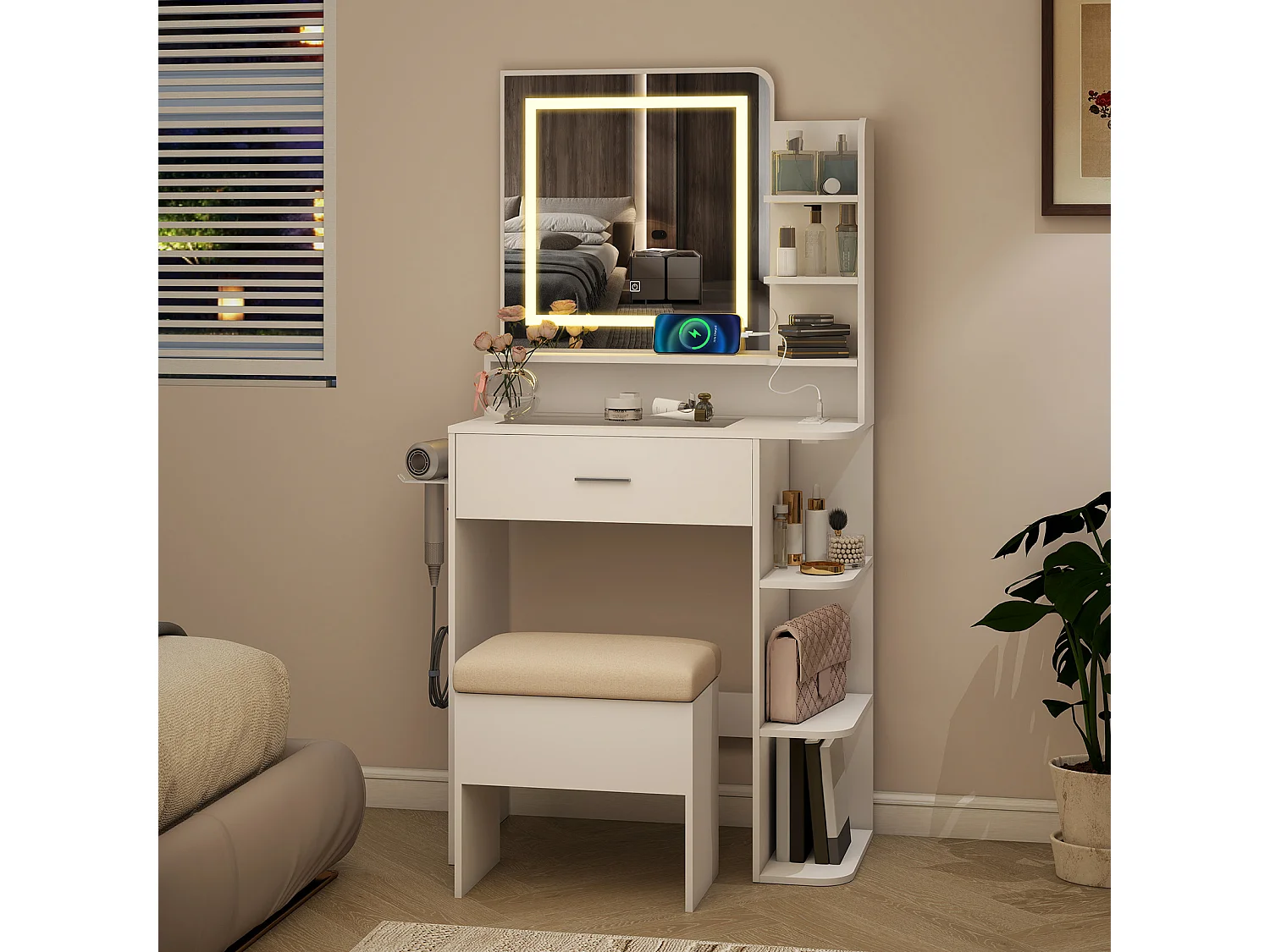 Coiffeuse maquillage - Puluomis - Miroir à LED 3 températures de lumière, multiprise intégrée, support sèche‑cheveux, plateau verre trempé, tabouret avec rangement