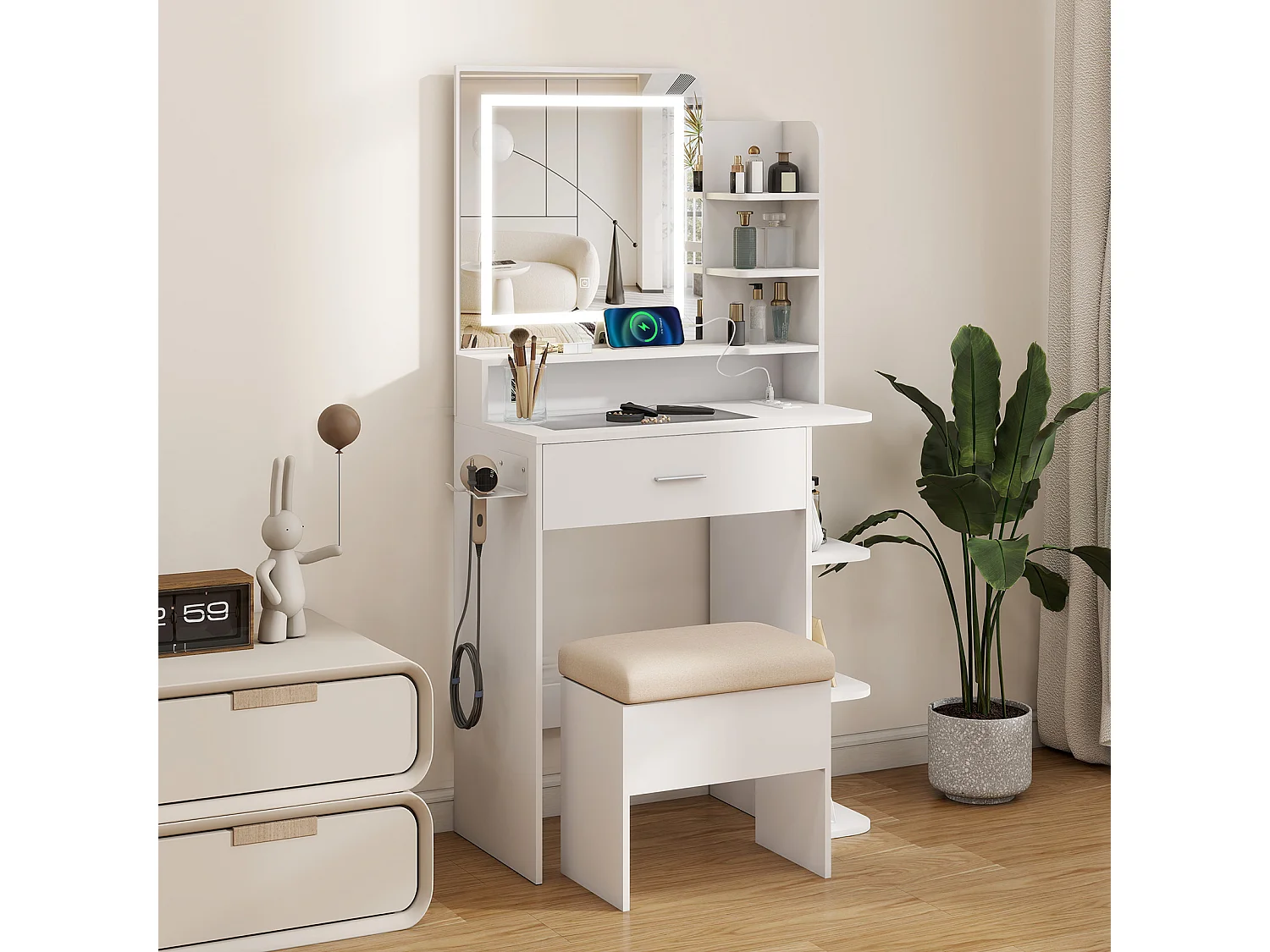 Coiffeuse maquillage - Puluomis - Miroir à LED 3 températures de lumière, multiprise intégrée, support sèche‑cheveux, plateau verre trempé, tabouret avec rangement