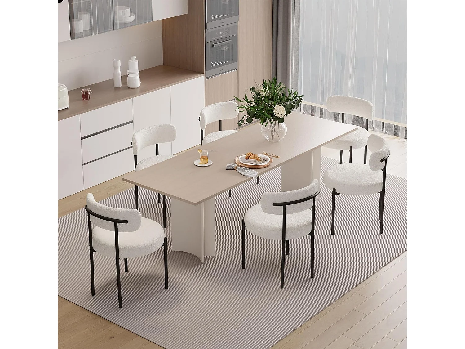 Chaise de salle à manger bouclette - Puluomis - Assise épaisse 10 cm, pieds métalliques, housse amovible, capacité de charge 150 kg - Blanc