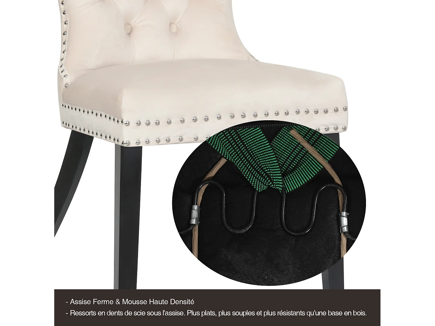 Chaise de salle à manger‑Puluomis‑Velours, capitonnage clouté, anneau de levage, mousse haute densité, ressorts sous assise‑Beige