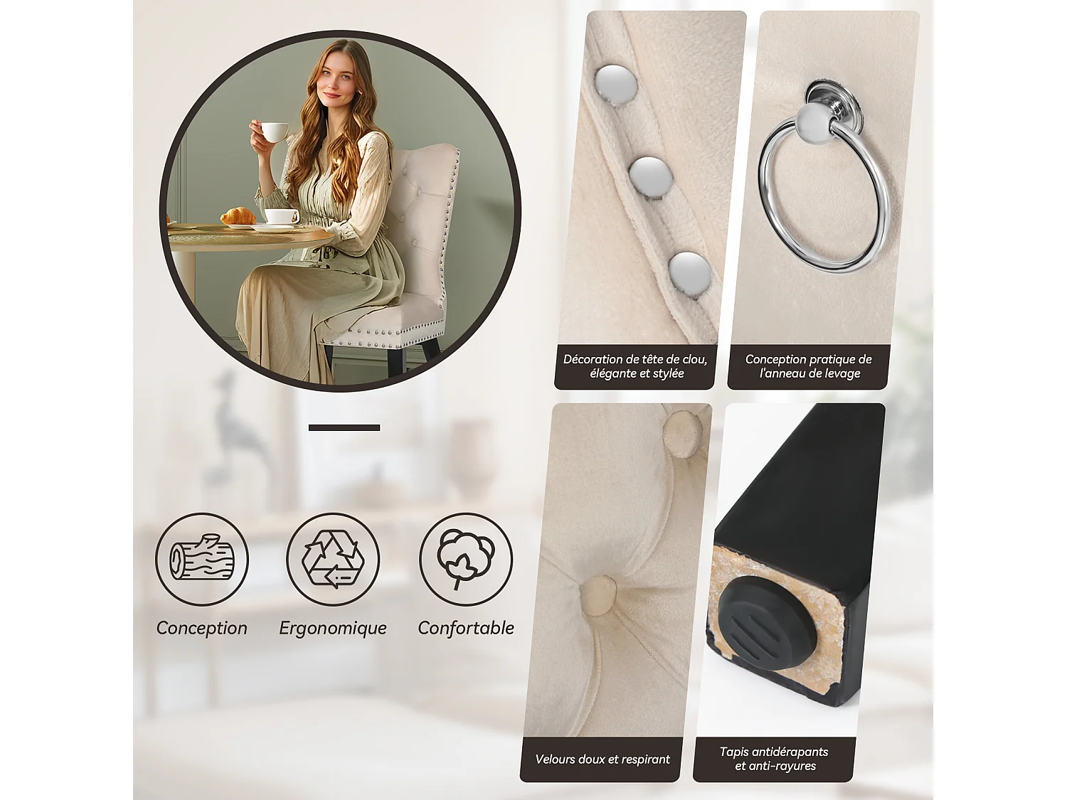 Chaise de salle à manger‑Puluomis‑Velours, capitonnage clouté, anneau de levage, mousse haute densité, ressorts sous assise‑Beige