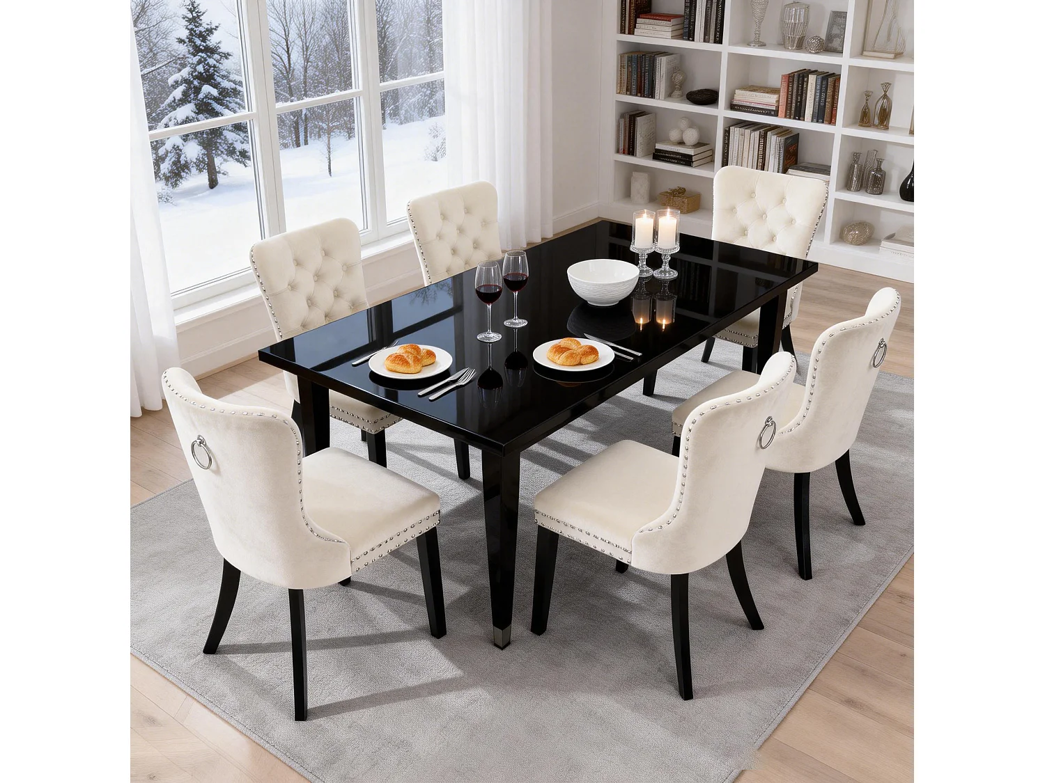 Chaise de salle à manger‑Puluomis‑Velours, capitonnage clouté, anneau de levage, mousse haute densité, ressorts sous assise‑Beige