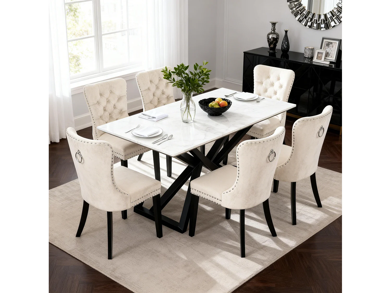 Chaise de salle à manger‑Puluomis‑Velours, capitonnage clouté, anneau de levage, mousse haute densité, ressorts sous assise‑Beige