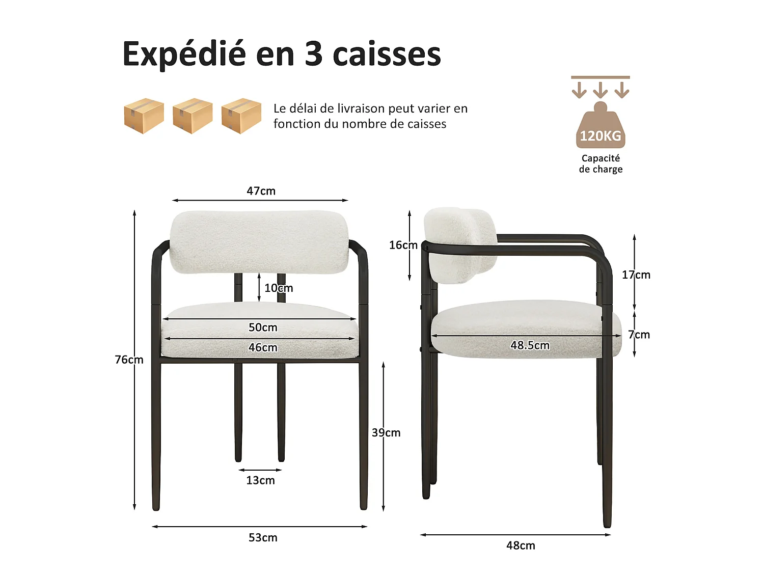 Chaise de salle à manger - Puluomis - Tissu Teddy avec accoudoirs, cadre en fer, patins réglables en hauteur - Blanc
