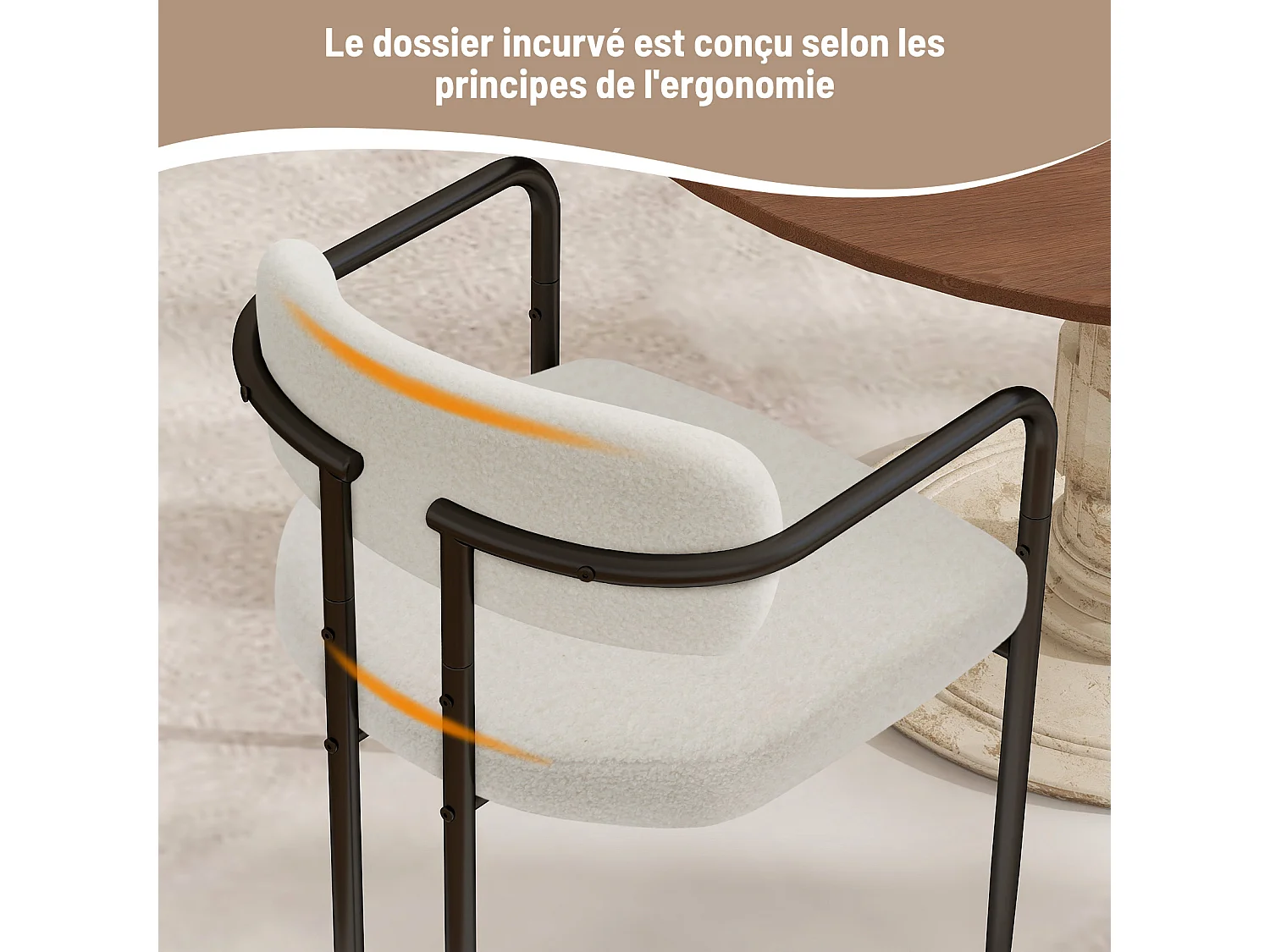 Chaise de salle à manger - Puluomis - Tissu Teddy avec accoudoirs, cadre en fer, patins réglables en hauteur - Blanc