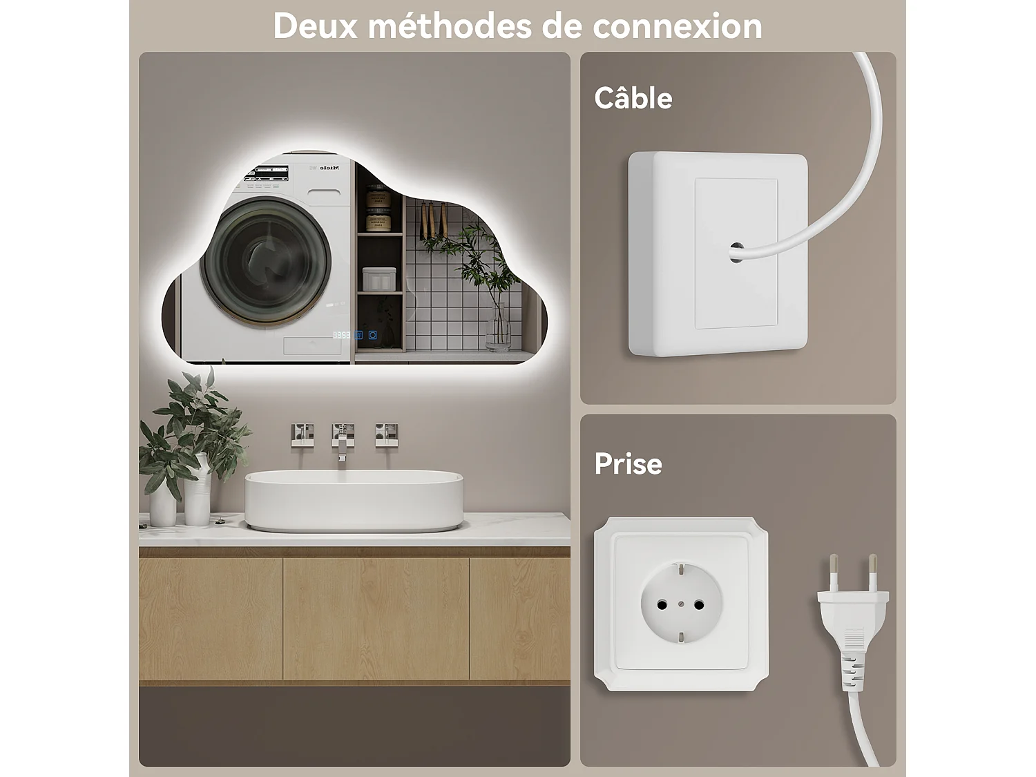 Miroir de salle de bain forme nuage 75×50 cm - Puluomis - LED tactile, 3 températures de couleur, antibuée, affichage heure‑température, IP44 - Blanc