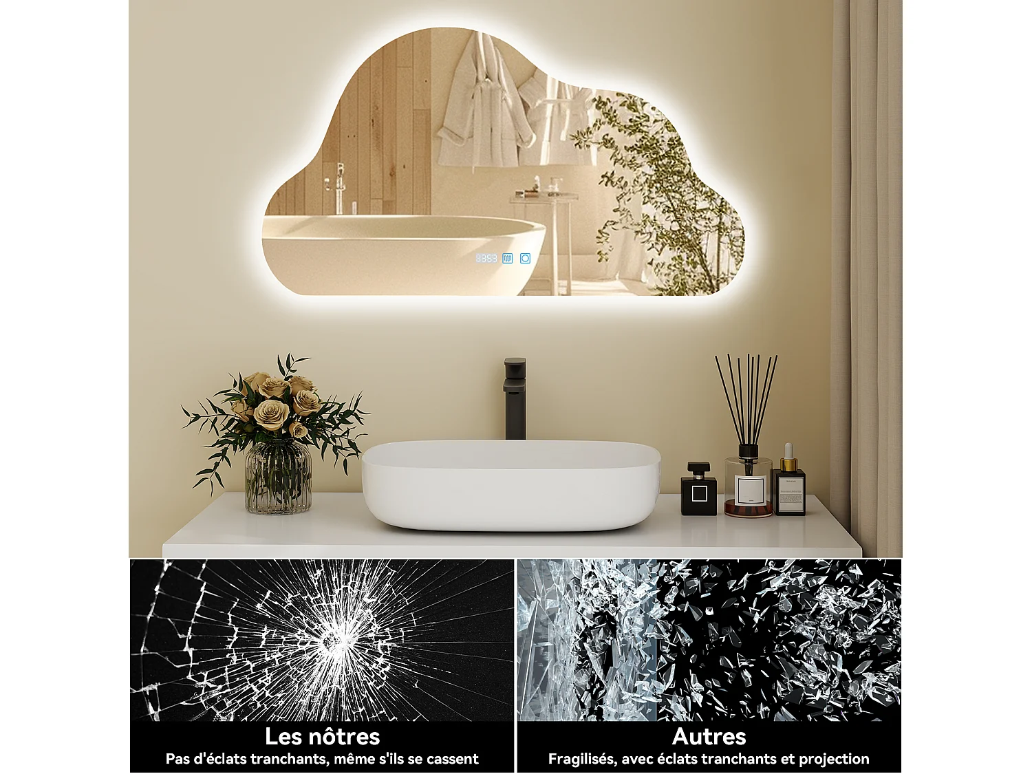 Miroir de salle de bain forme nuage 75×50 cm - Puluomis - LED tactile, 3 températures de couleur, antibuée, affichage heure‑température, IP44 - Blanc