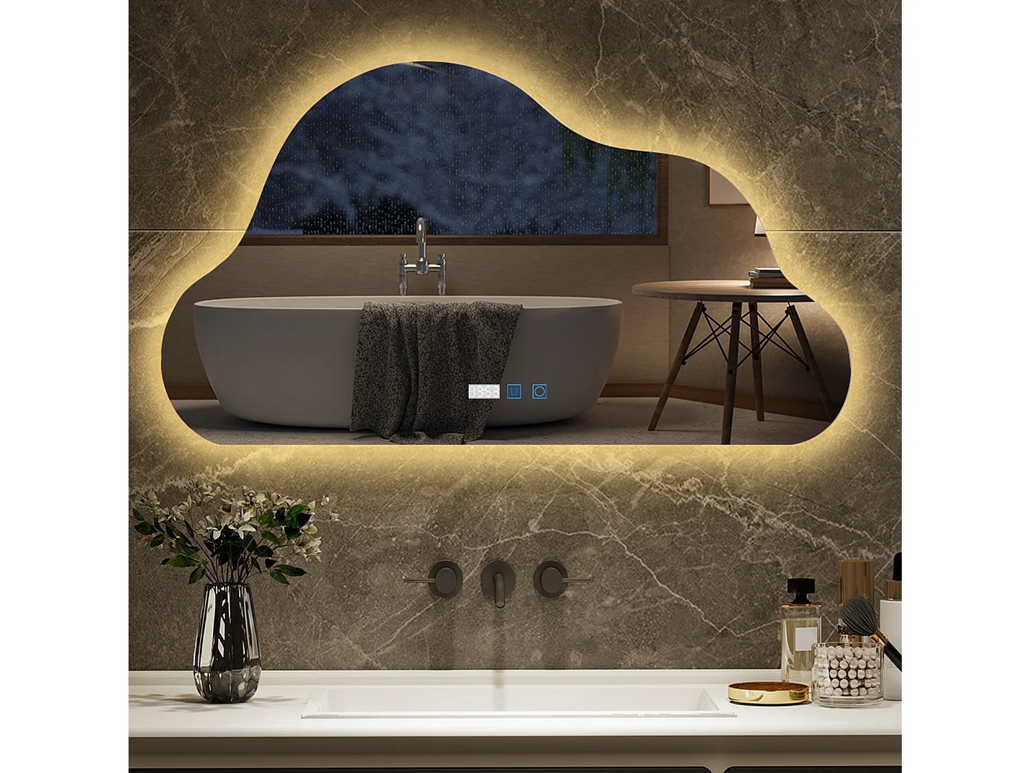 Miroir de salle de bain forme nuage 75×50 cm - Puluomis - LED tactile, 3 températures de couleur, antibuée, affichage heure‑température, IP44 - Blanc