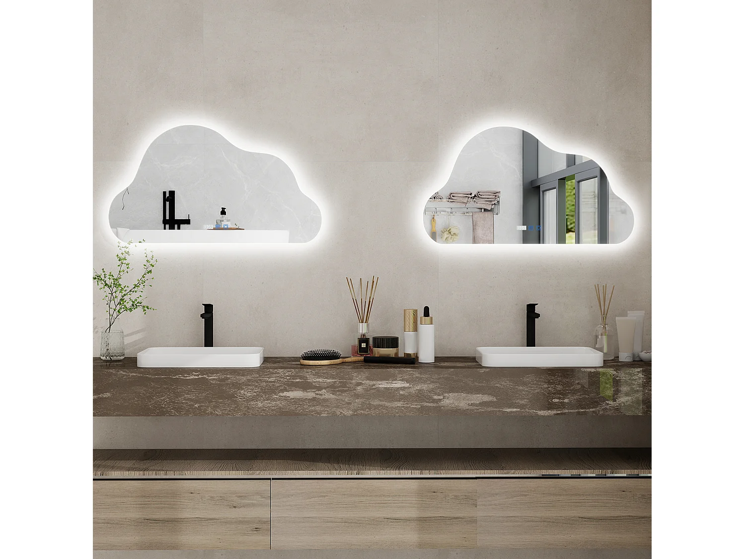 Miroir de salle de bain forme nuage 75×50 cm - Puluomis - LED tactile, 3 températures de couleur, antibuée, affichage heure‑température, IP44 - Blanc