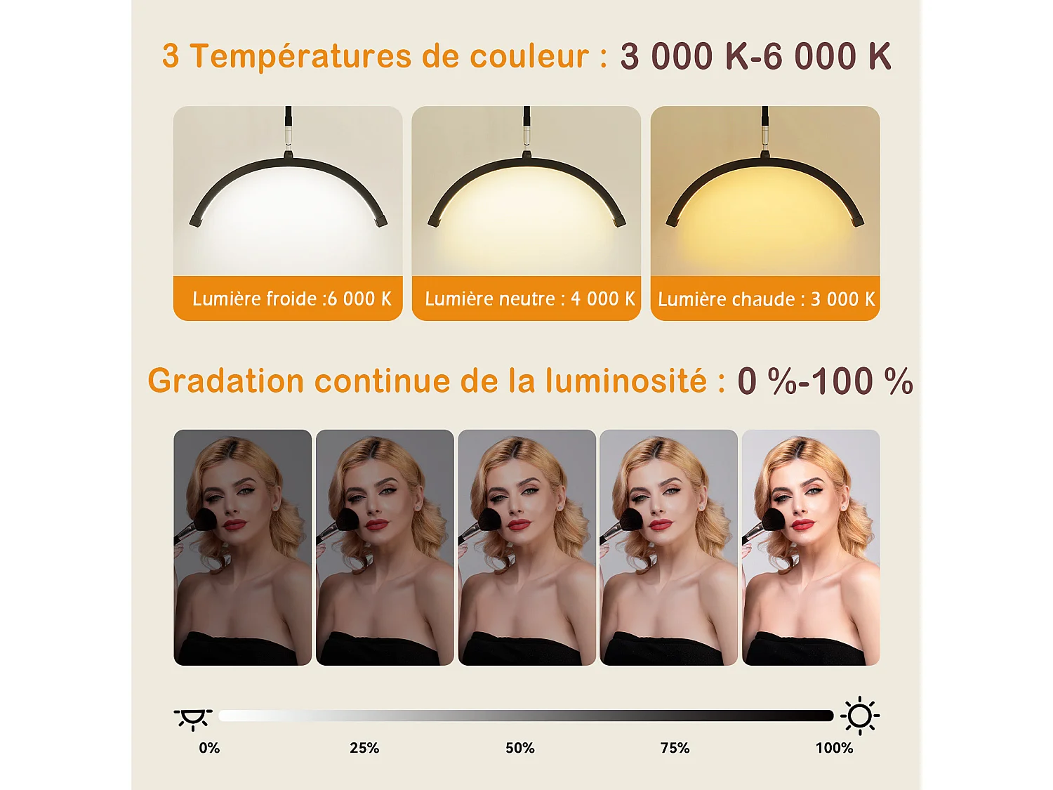 Lampe de salon de beauté demi‑lune sur pied - Puluomis - Hauteur réglable 120‑155 cm, 3 températures de couleur, gradable 0‑100 % - Noir
