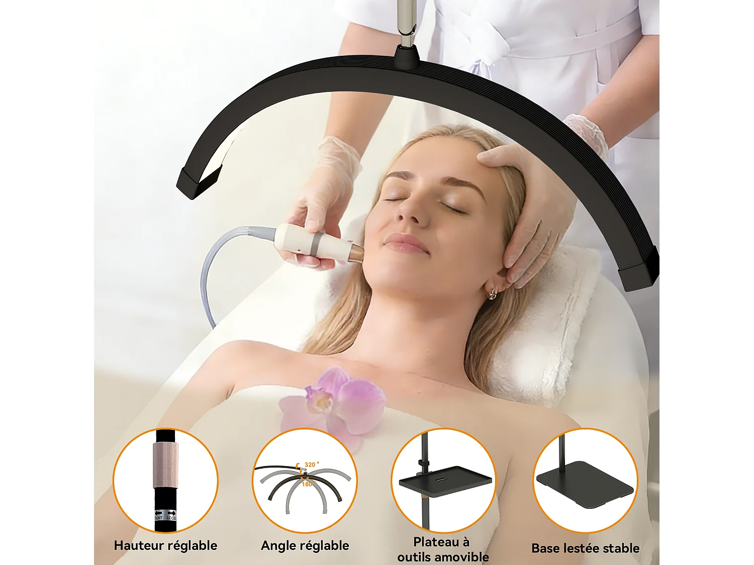 Lampe de salon de beauté demi‑lune sur pied - Puluomis - Hauteur réglable 120‑155 cm, 3 températures de couleur, gradable 0‑100 % - Noir