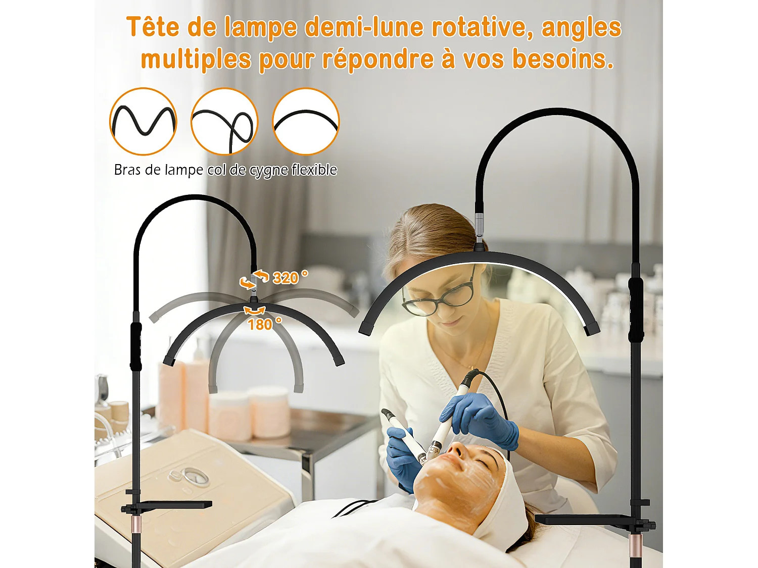Lampe de salon de beauté demi‑lune sur pied - Puluomis - Hauteur réglable 120‑155 cm, 3 températures de couleur, gradable 0‑100 % - Noir