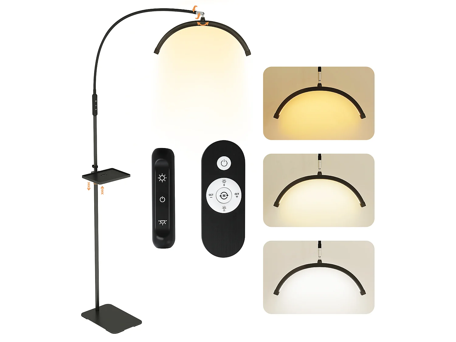 Lampe de salon de beauté demi‑lune sur pied - Puluomis - Hauteur réglable 120‑155 cm, 3 températures de couleur, gradable 0‑100 % - Noir
