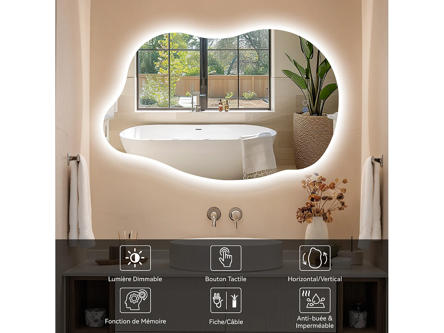 85x55 cm Miroir de salle de bain forme irrégulière à LED - Puluomis - 3 températures de lumière, anti‑buée, tactile, mémoire, IP44, pose horizontale/verticale