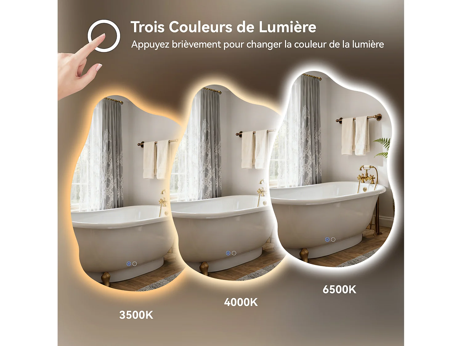 85x55 cm Miroir de salle de bain forme irrégulière à LED - Puluomis - 3 températures de lumière, anti‑buée, tactile, mémoire, IP44, pose horizontale/verticale