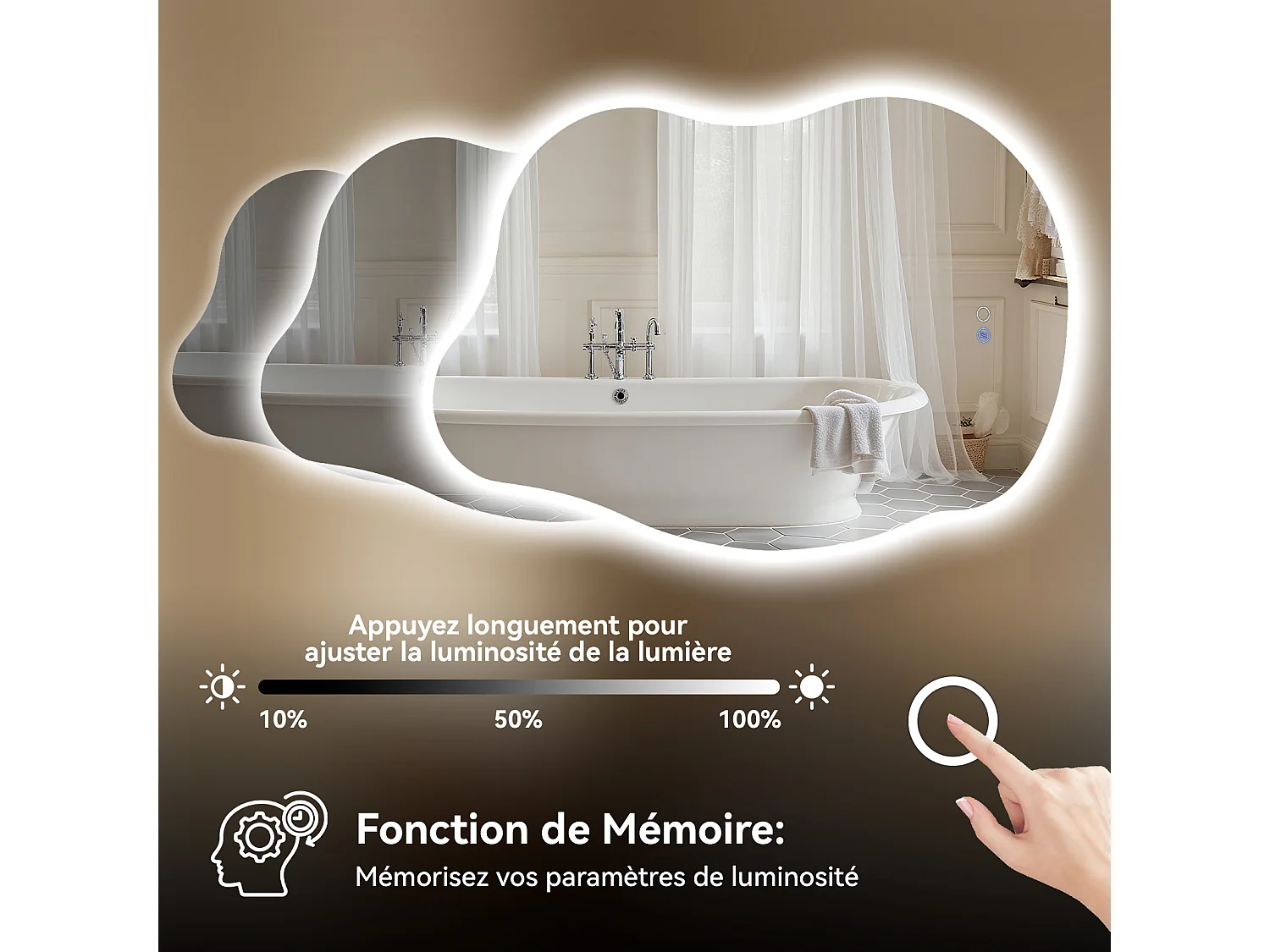 85x55 cm Miroir de salle de bain forme irrégulière à LED - Puluomis - 3 températures de lumière, anti‑buée, tactile, mémoire, IP44, pose horizontale/verticale
