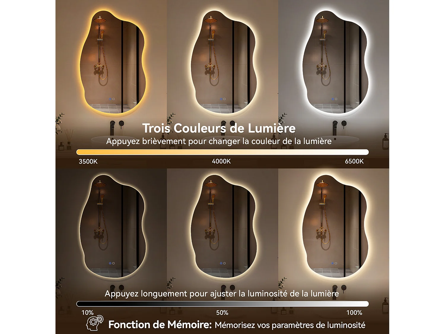 85x55 cm Miroir de salle de bain forme irrégulière à LED - Puluomis - 3 températures de lumière, anti‑buée, tactile, mémoire, IP44, pose horizontale/verticale