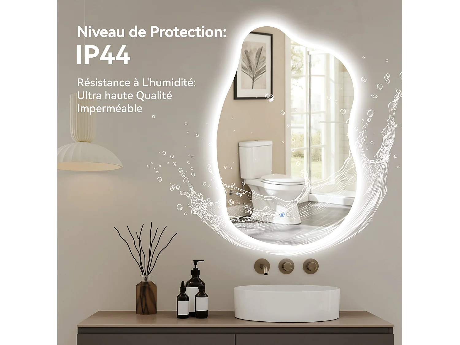 85x55 cm Miroir de salle de bain forme irrégulière à LED - Puluomis - 3 températures de lumière, anti‑buée, tactile, mémoire, IP44, pose horizontale/verticale