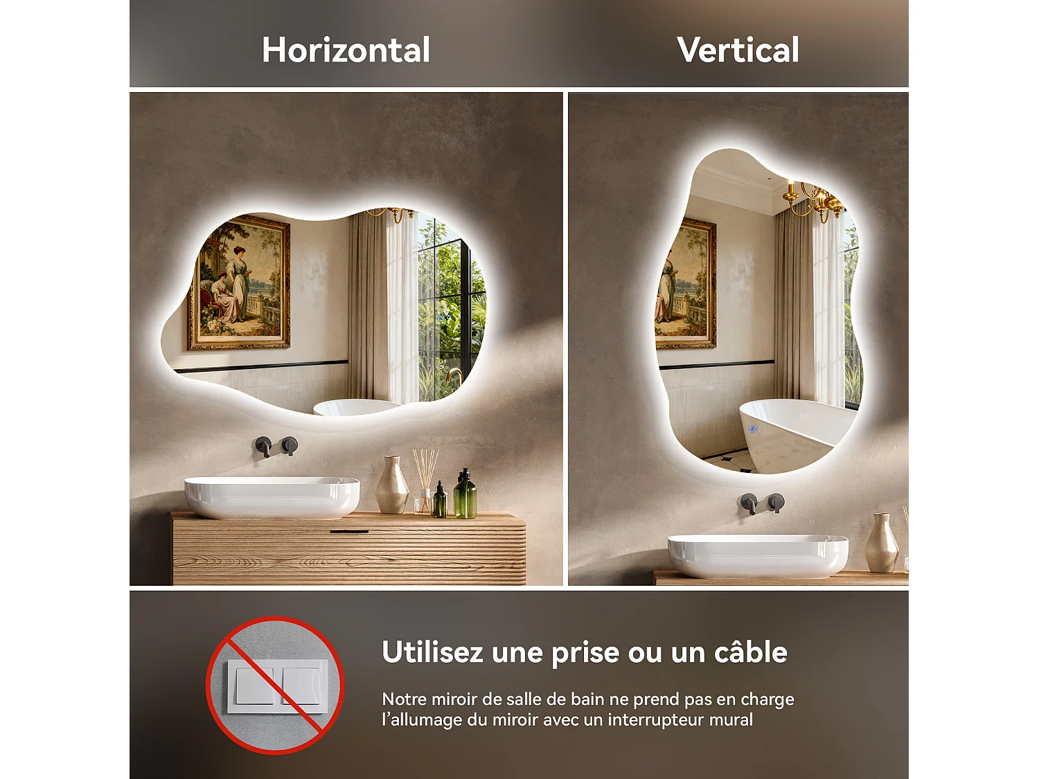 85x55 cm Miroir de salle de bain forme irrégulière à LED - Puluomis - 3 températures de lumière, anti‑buée, tactile, mémoire, IP44, pose horizontale/verticale