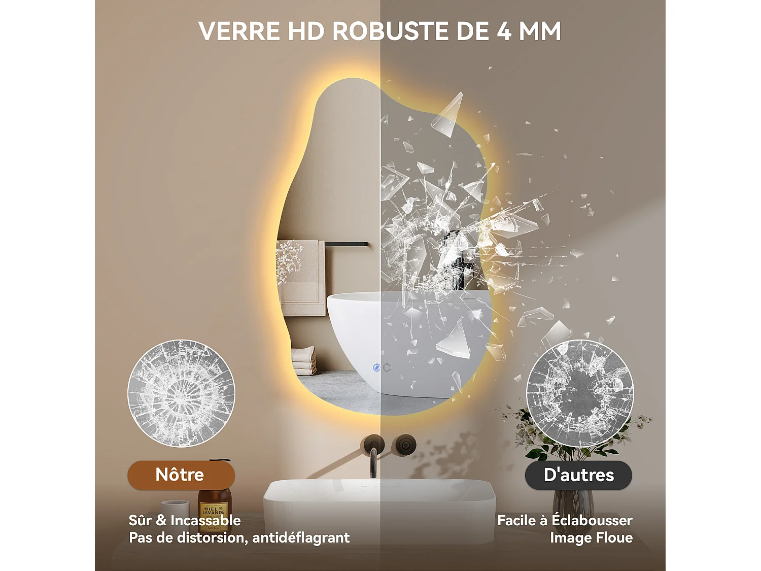 85x55 cm Miroir de salle de bain forme irrégulière à LED - Puluomis - 3 températures de lumière, anti‑buée, tactile, mémoire, IP44, pose horizontale/verticale