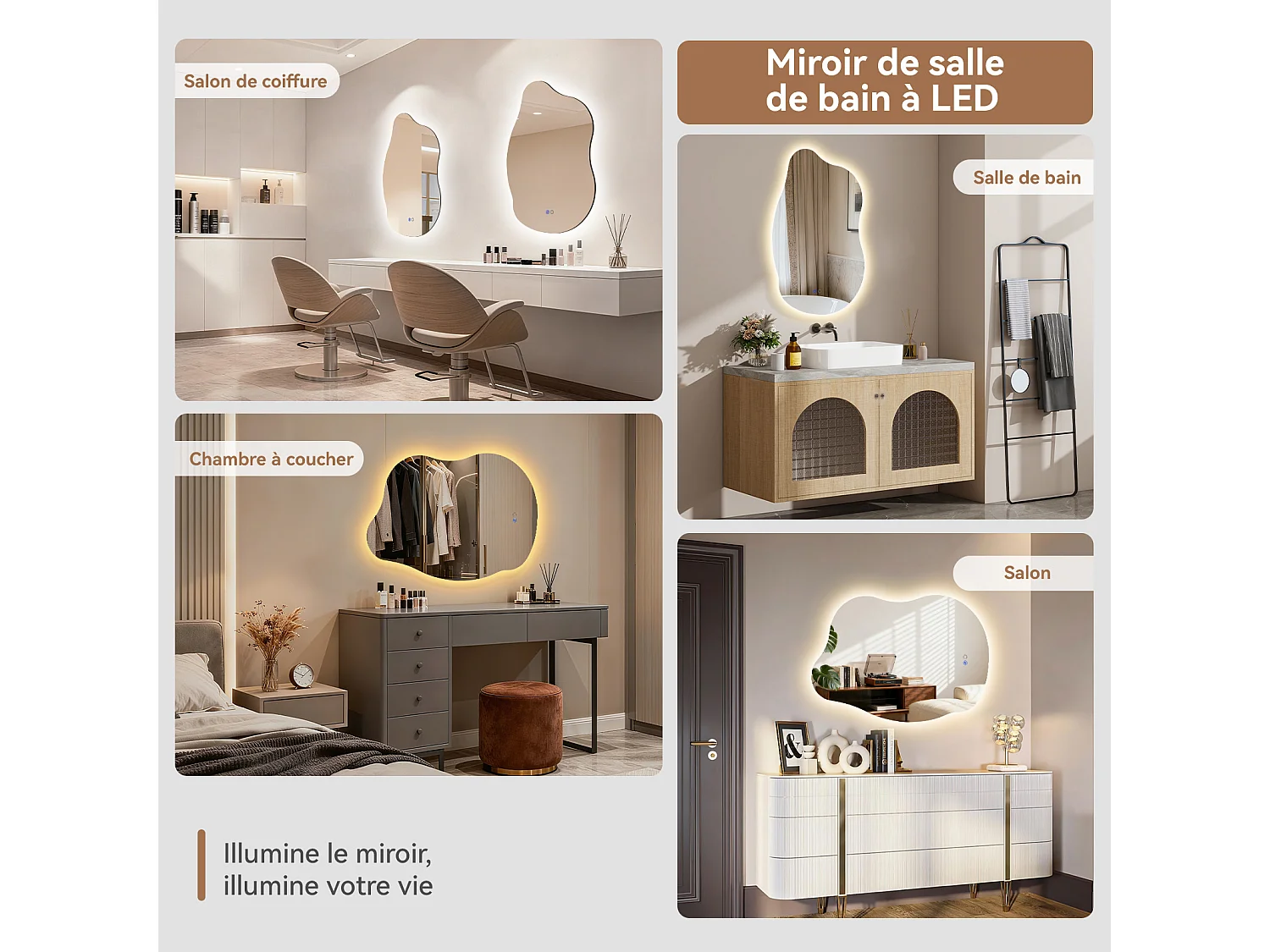 85x55 cm Miroir de salle de bain forme irrégulière à LED - Puluomis - 3 températures de lumière, anti‑buée, tactile, mémoire, IP44, pose horizontale/verticale