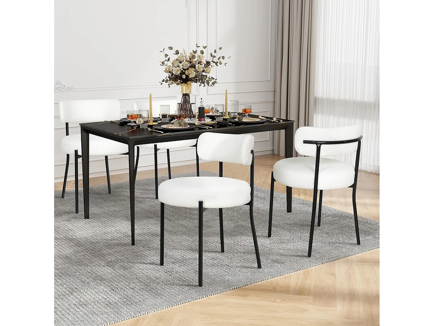 Chaise de salle à manger bouclette - Puluomis - Assise épaisse 10 cm, pieds métalliques, housse amovible, capacité de charge 150 kg - Blanc