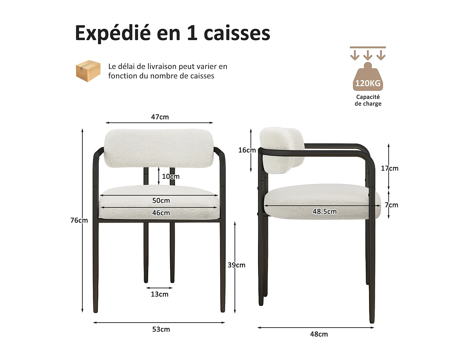 Chaise de salle à manger - Puluomis - Tissu Teddy avec accoudoirs, cadre en fer, patins réglables en hauteur - Blanc