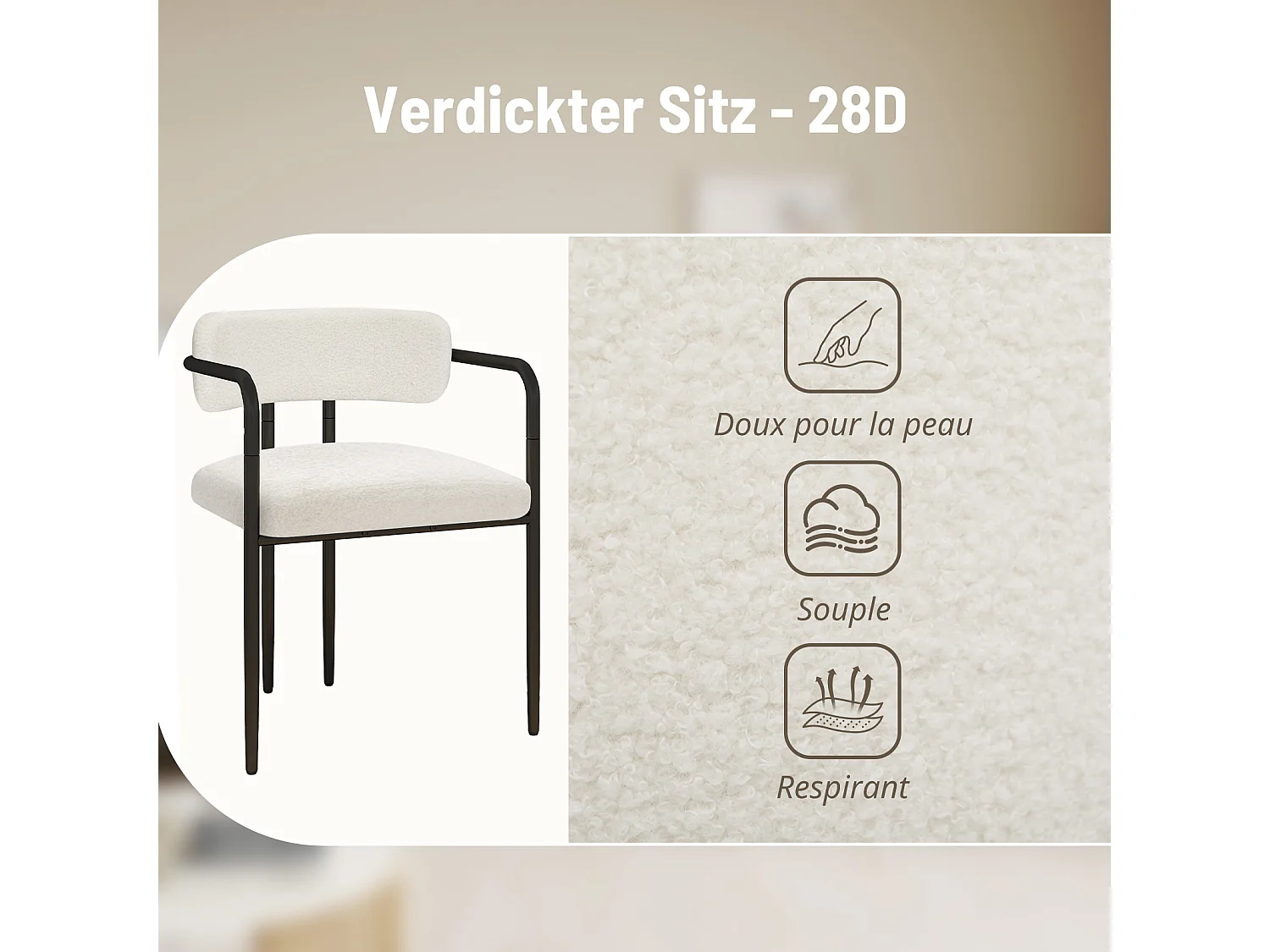 Chaise de salle à manger - Puluomis - Tissu Teddy avec accoudoirs, cadre en fer, patins réglables en hauteur - Blanc