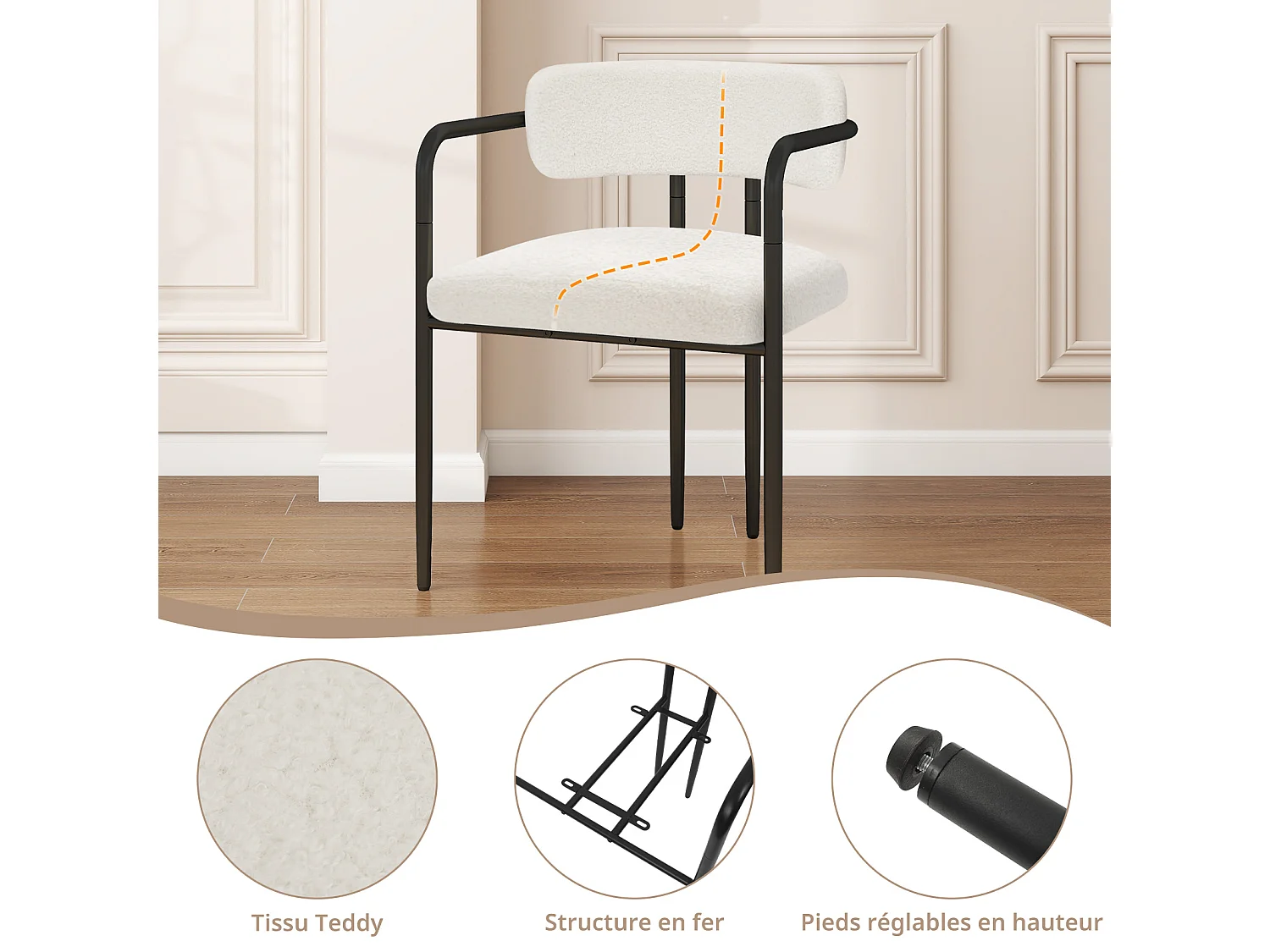 Chaise de salle à manger - Puluomis - Tissu Teddy avec accoudoirs, cadre en fer, patins réglables en hauteur - Blanc