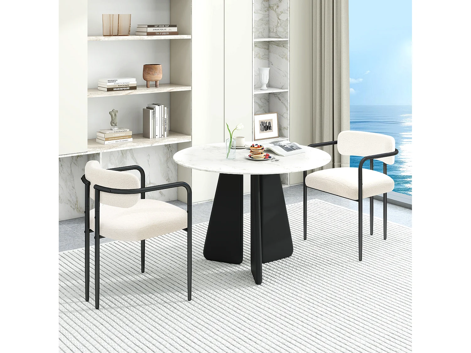 Chaise de salle à manger - Puluomis - Tissu Teddy avec accoudoirs, cadre en fer, patins réglables en hauteur - Blanc
