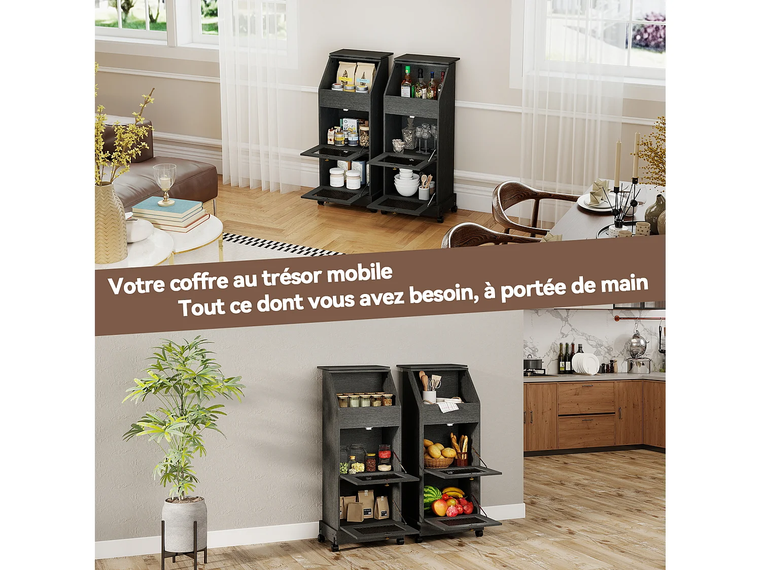 Meuble de rangement de cuisine - Puluomis - 3 compartiments, portes rabattables vers le bas, grille d’aération métallique, roulettes 360° - Noir