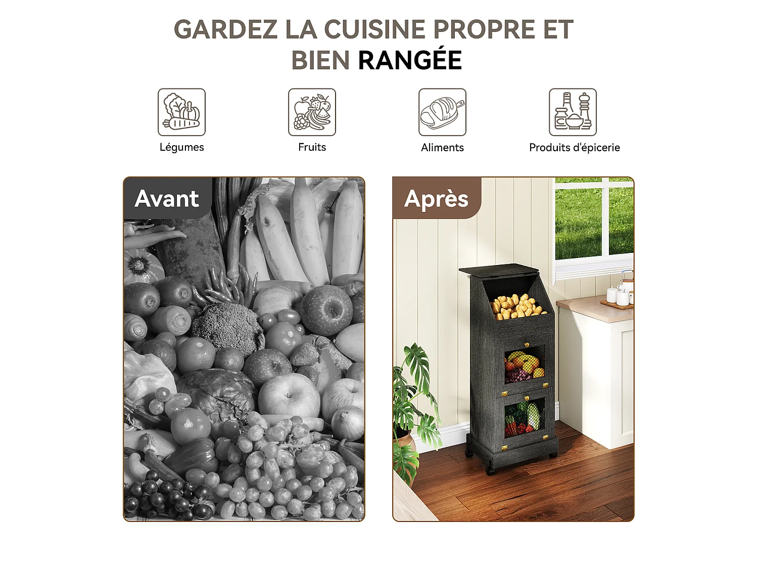 Meuble de rangement de cuisine - Puluomis - 3 compartiments, portes rabattables vers le bas, grille d’aération métallique, roulettes 360° - Noir