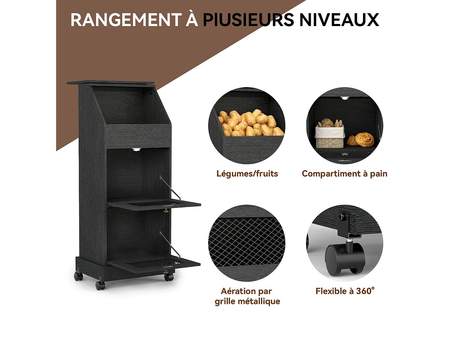 Meuble de rangement de cuisine - Puluomis - 3 compartiments, portes rabattables vers le bas, grille d’aération métallique, roulettes 360° - Noir