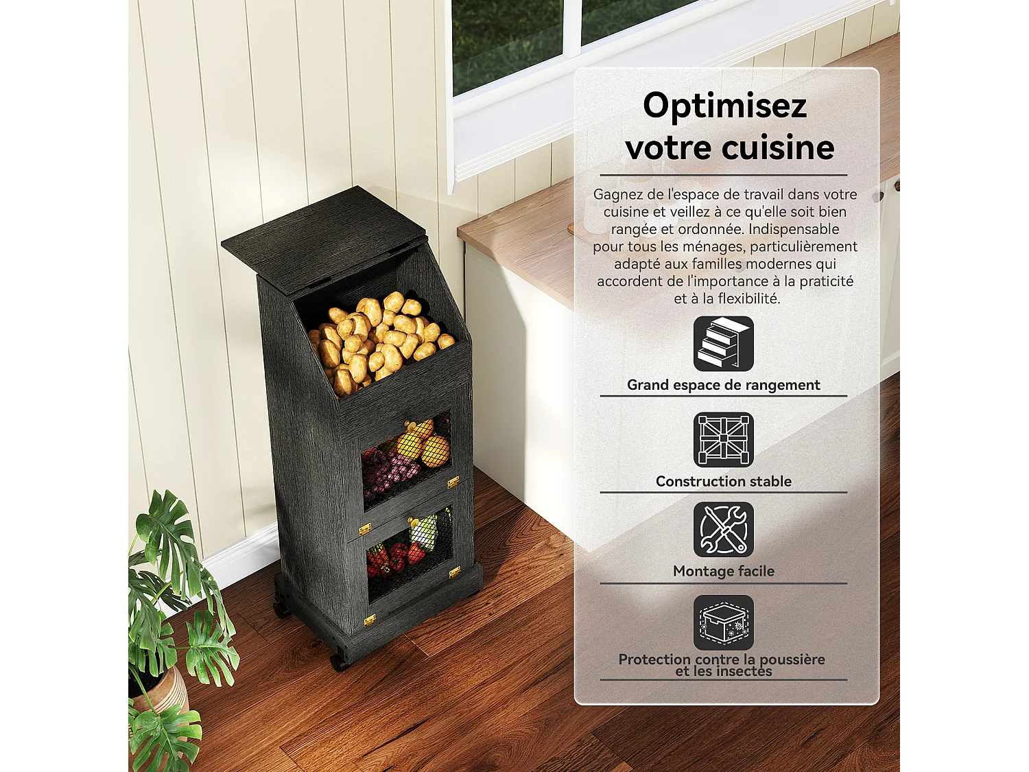 Meuble de rangement de cuisine - Puluomis - 3 compartiments, portes rabattables vers le bas, grille d’aération métallique, roulettes 360° - Noir