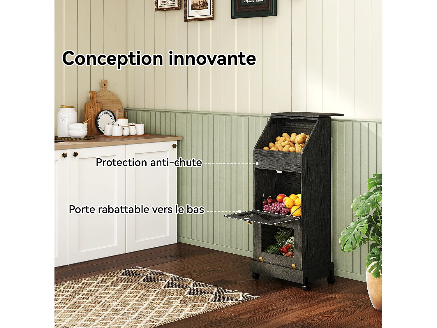 Meuble de rangement de cuisine - Puluomis - 3 compartiments, portes rabattables vers le bas, grille d’aération métallique, roulettes 360° - Noir