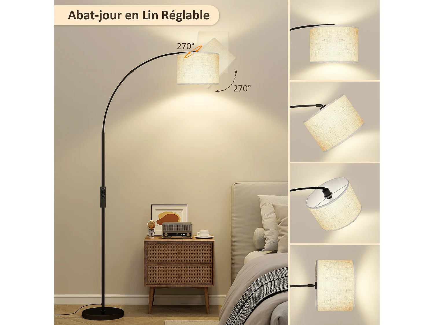 Lampadaire à arc - Puluomis - abat‑jour lin 270° orientable, télécommande + pédale, température de couleur variable, minuterie 1h - Noir